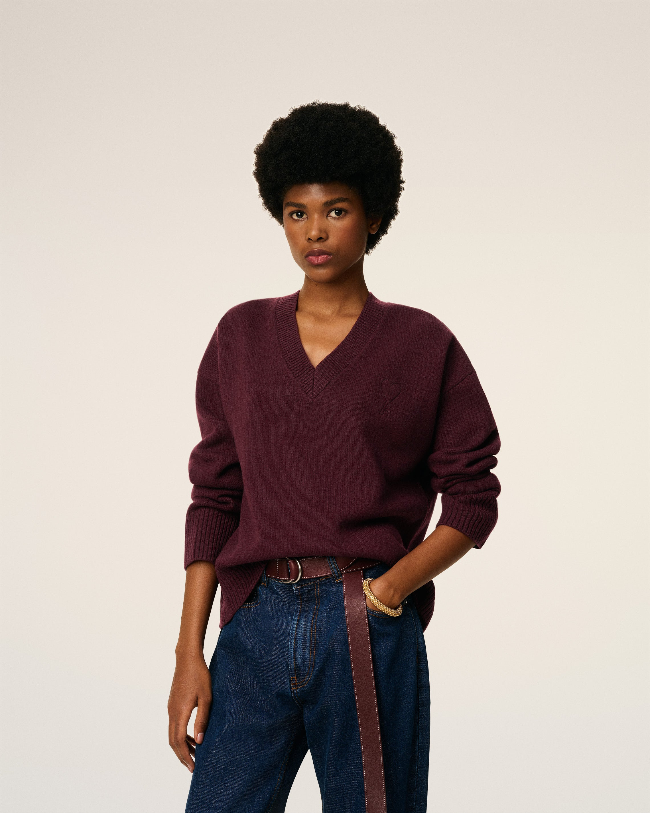 BURGUNDY WOOL AMI DE COEUR V NECK SWEATER - 3