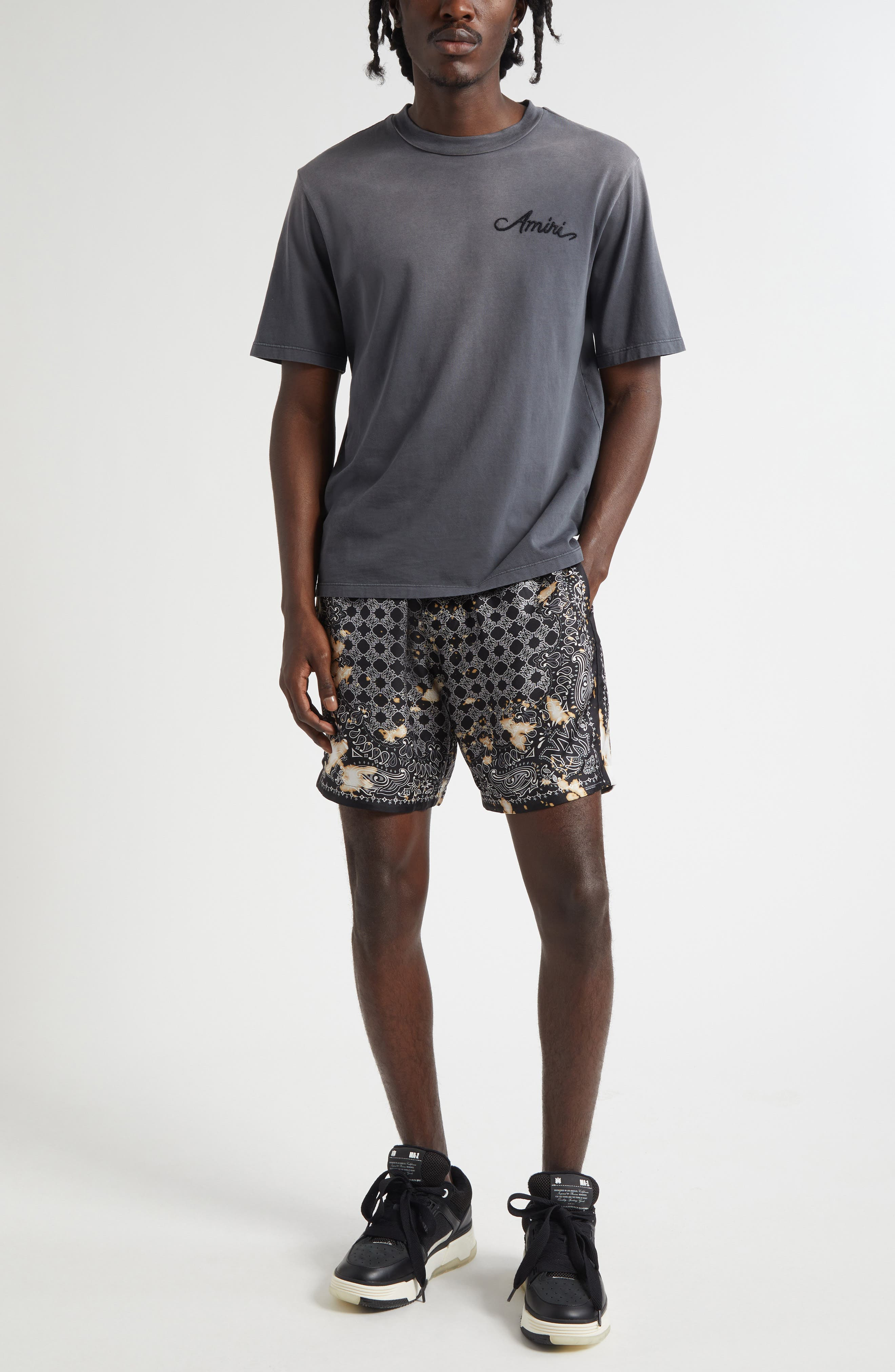 AMIRI Bleach Bandana Silk Drawstring Shorts in Black at Nordstrom - 2
