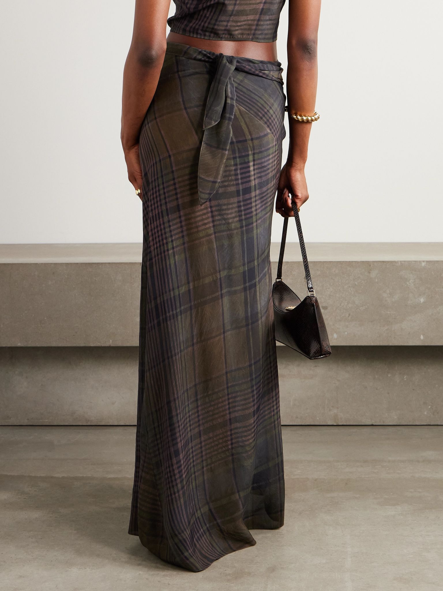 Agate checked crepe maxi wrap skirt Dark brown - 3