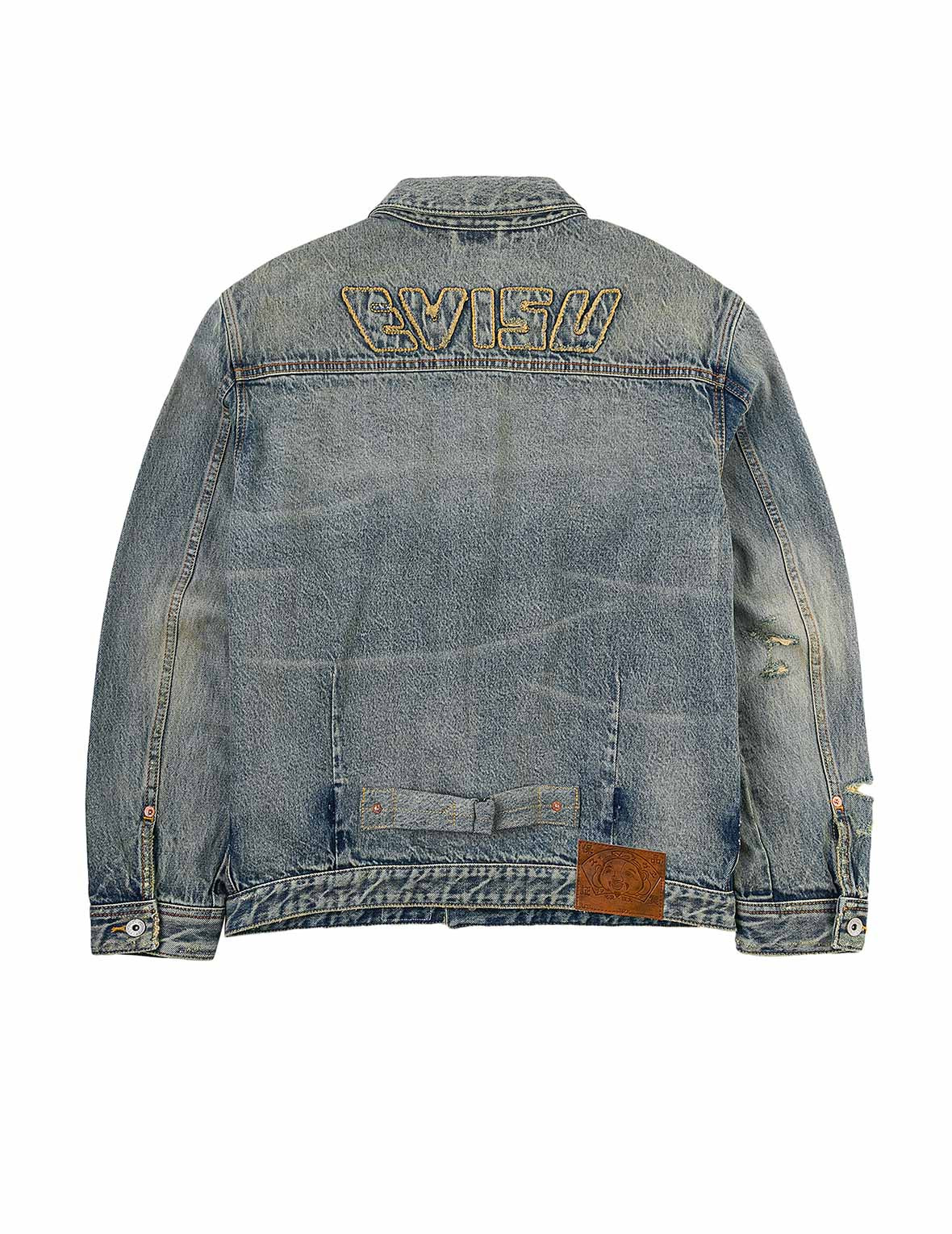 Distressed Seagull Print and Frayed Logo Patch Embroidery Relax Fit Denim Jacket - 2