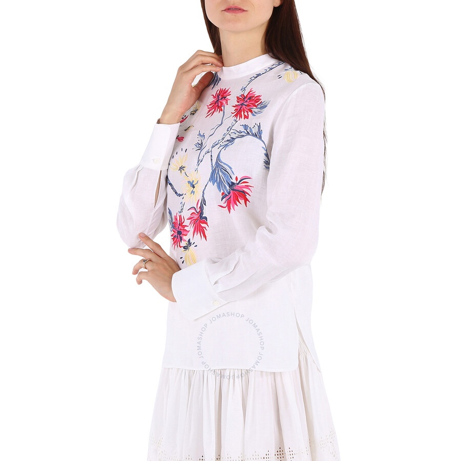 Chloe White Floral Embroidered Top In Linen Canvas - 2