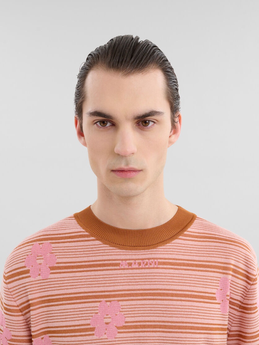 PINK COTTON-VISCOSE STRIPED KNIT T-SHIRT WITH FLORAL MOTIF - 4