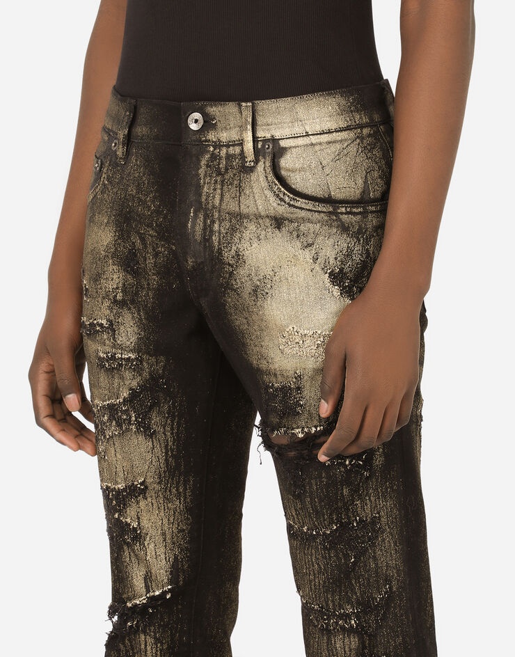 Slim-fit black stretch jeans with gold spray and rips - 4