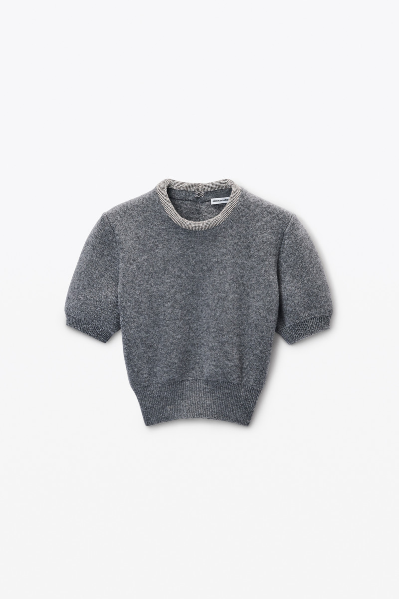 Short Sleeve Tee in Wool Blend with Crystal Hotfix Trim 1
