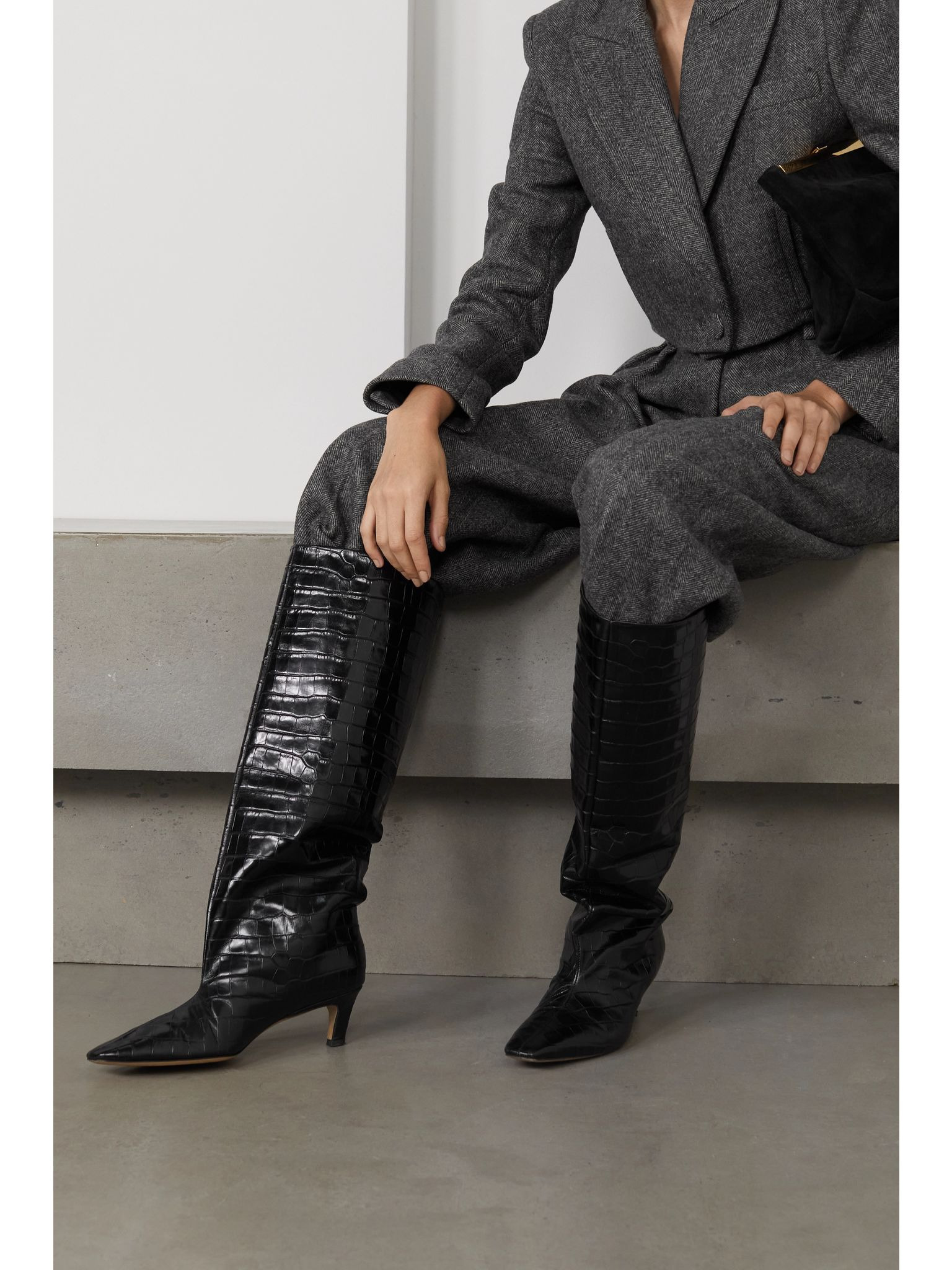Croc-effect leather knee boots Black - 2