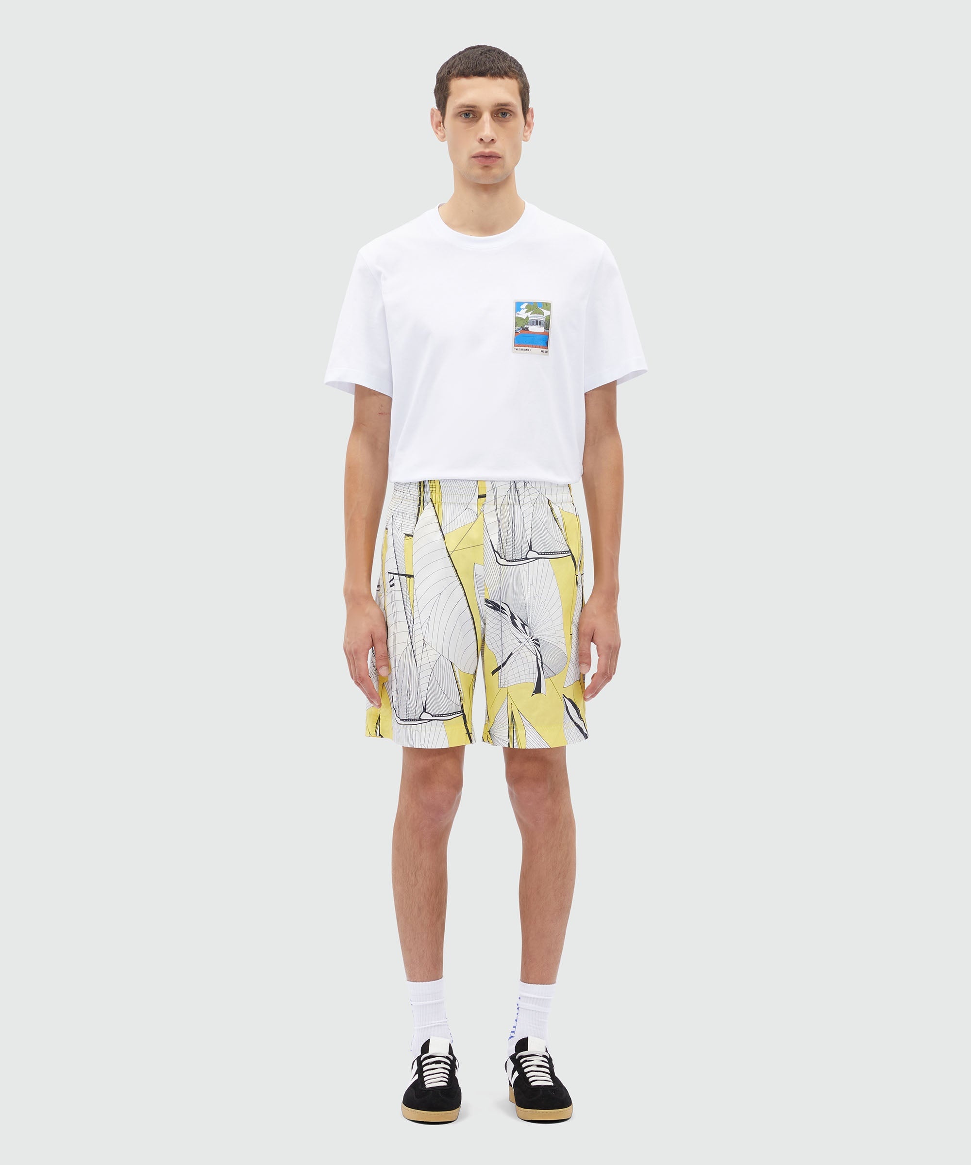 Bermuda shorts in yellow poplin with "Sale race" print - 2