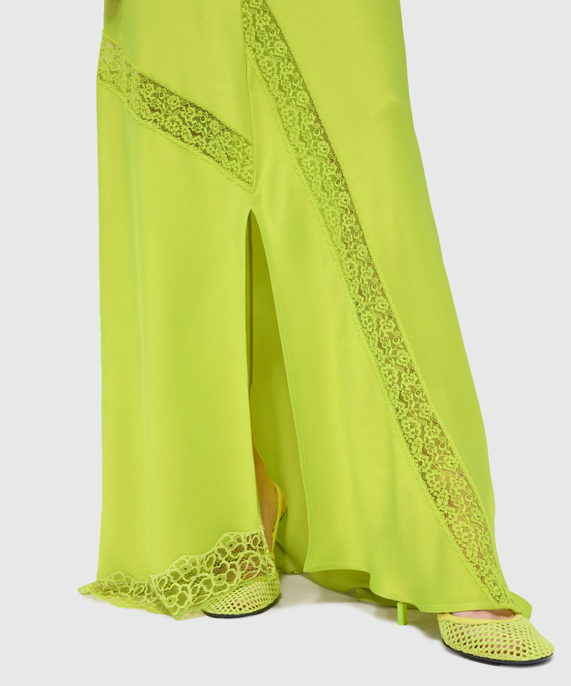 Lime long satin skirt with flared hem and lace inserts 5