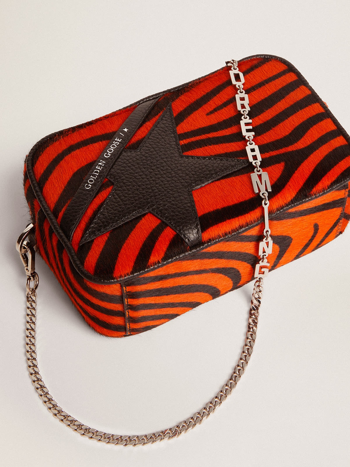 Mini Star Bag in orange tiger-print pony skin with black leather star - 5