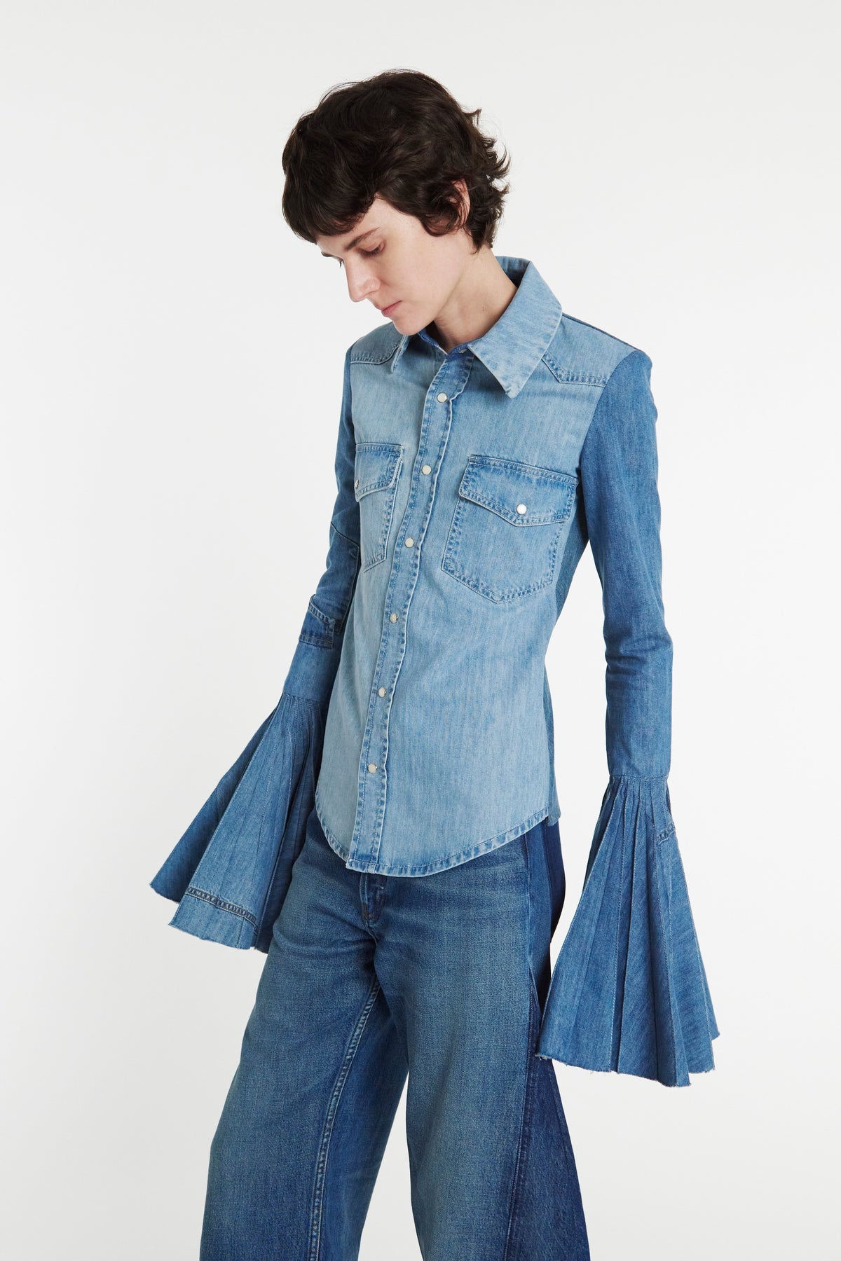 RECYCLED DENIM SHIRT WITH PLEATED BELL SLEEVES BLUE - 3