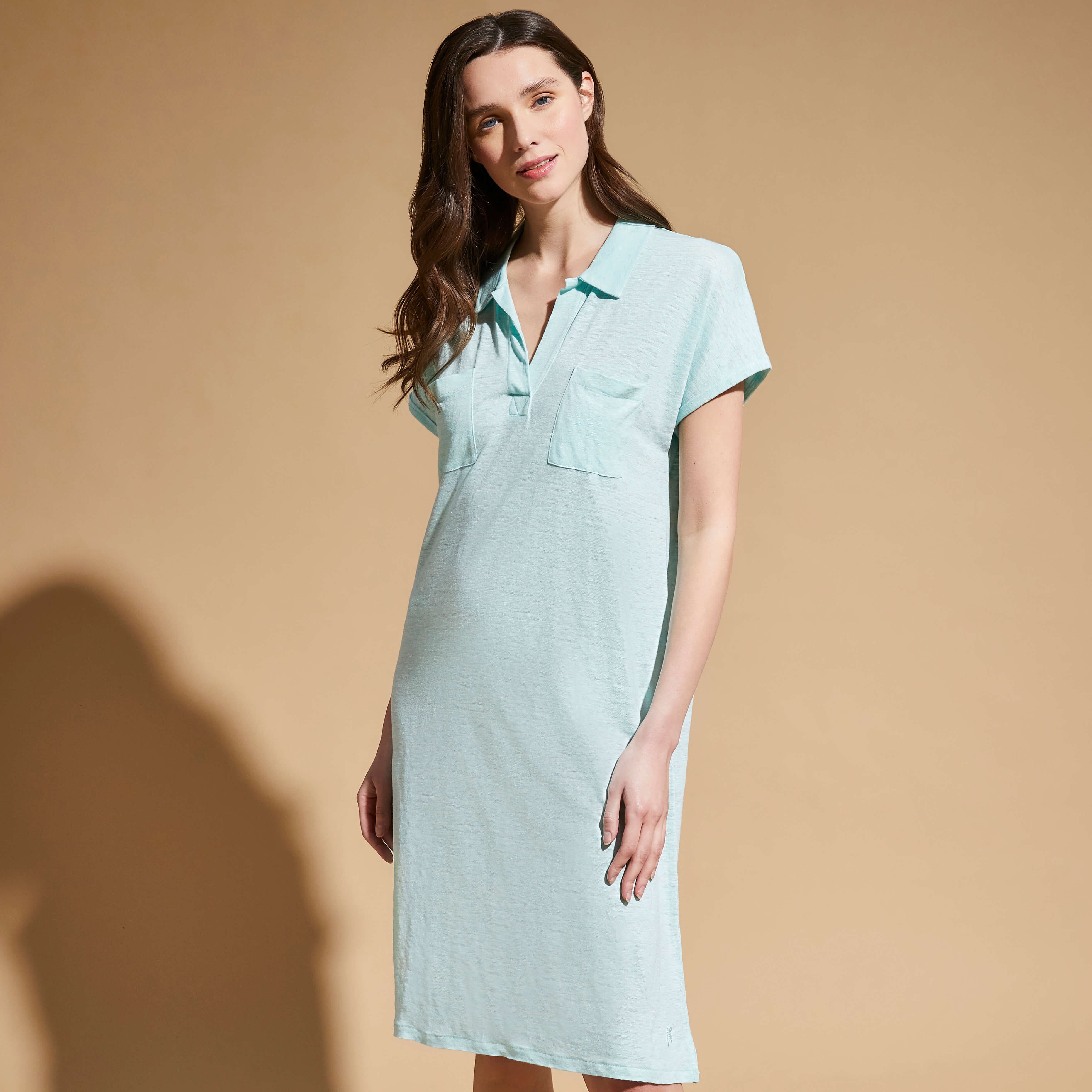 Women Linen Long Polo Dress Solid - 3