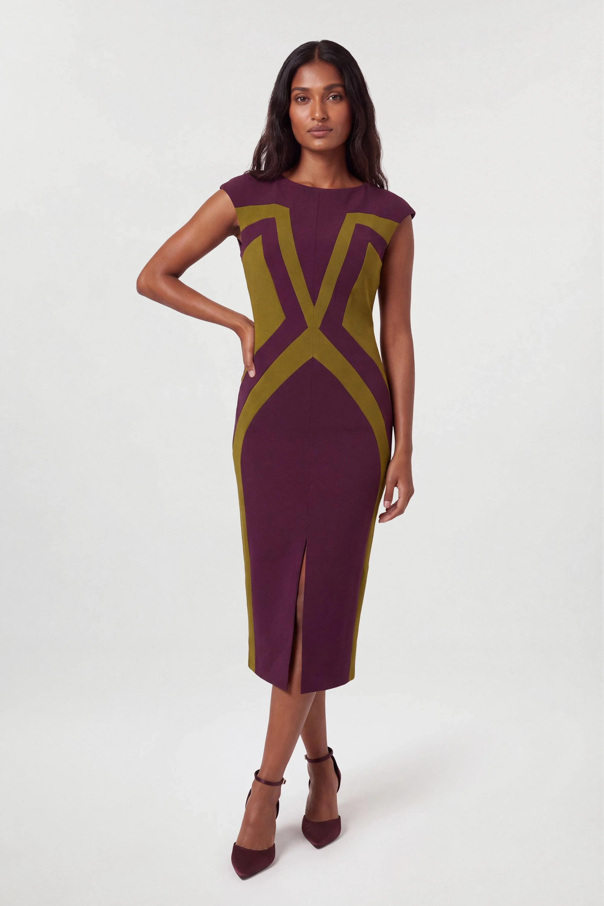 Compact Stretch Colour Block Tailored Pencil Dress - 1