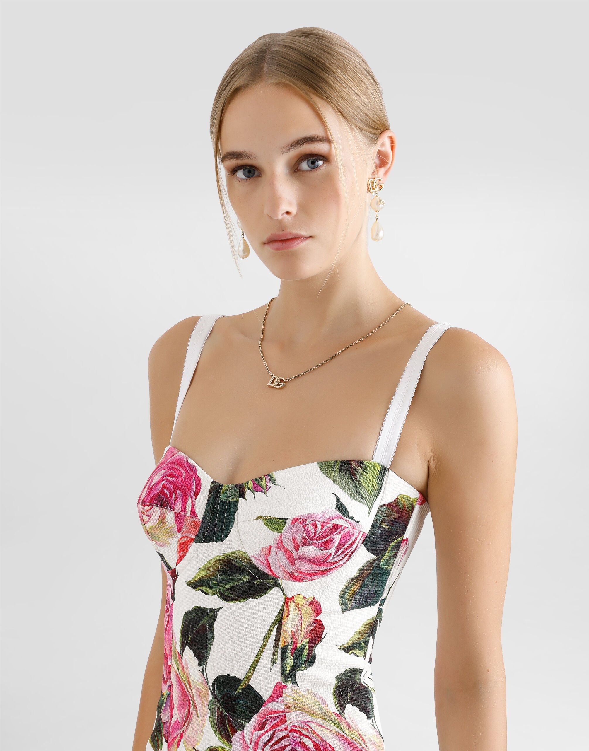 Cotton jacquard corset dress with rose print - 5
