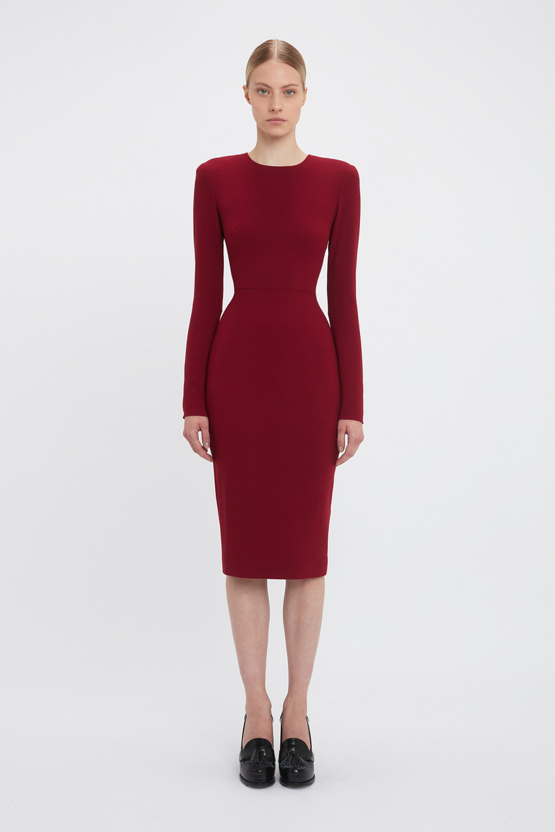 Victoria Beckham Long Sleeve T-Shirt Fitted Dress In Oxblood -  1424WDR005233A-OXBLOOD-4 | REVERSIBLE