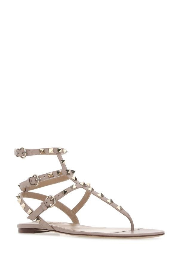 Valentino Garavani Woman Antiqued Pink Leather Rockstud Thong Sandals - 2