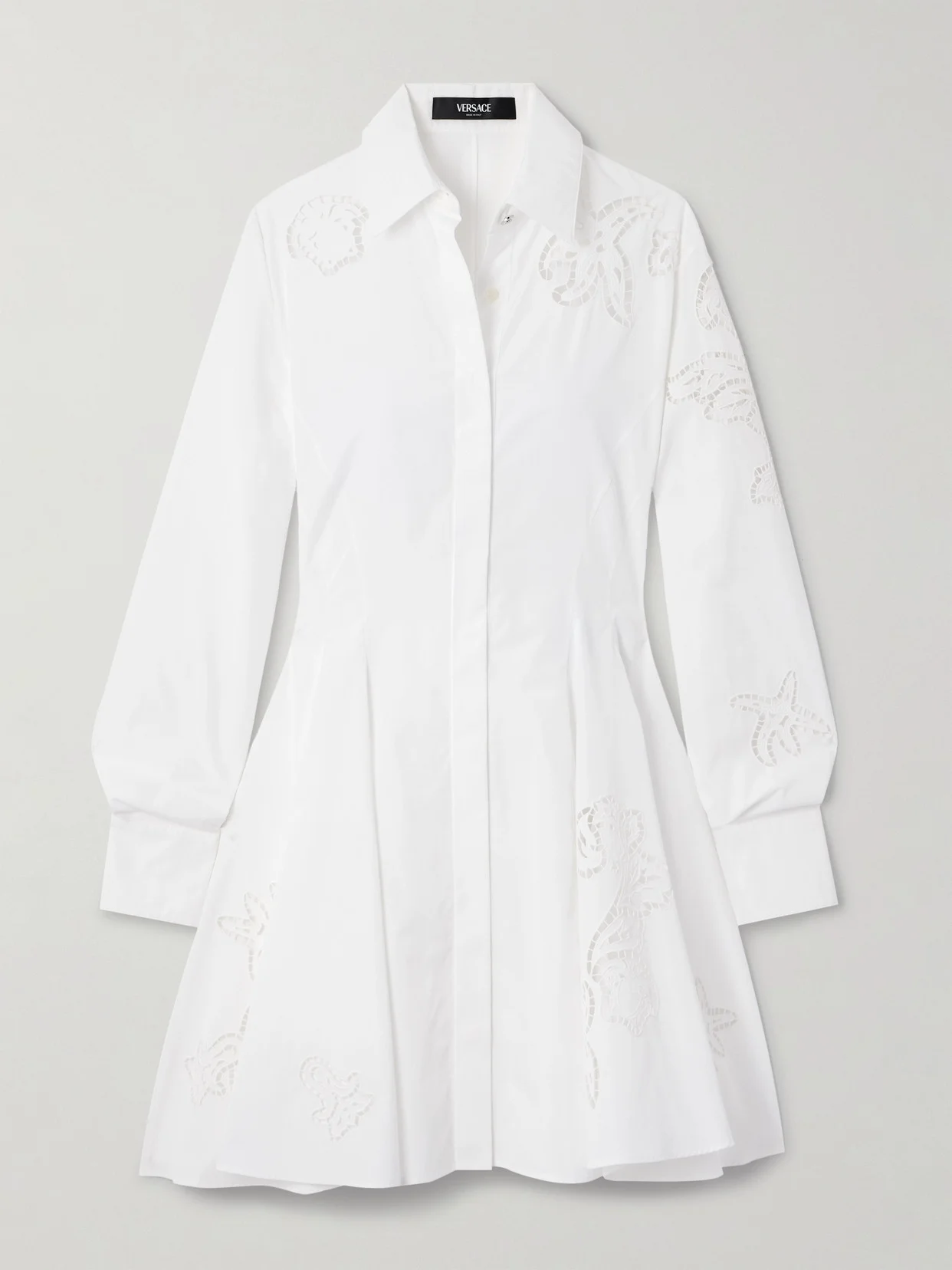 Pleated Broderie Anglaise Cotton Mini Shirt Dress - 1