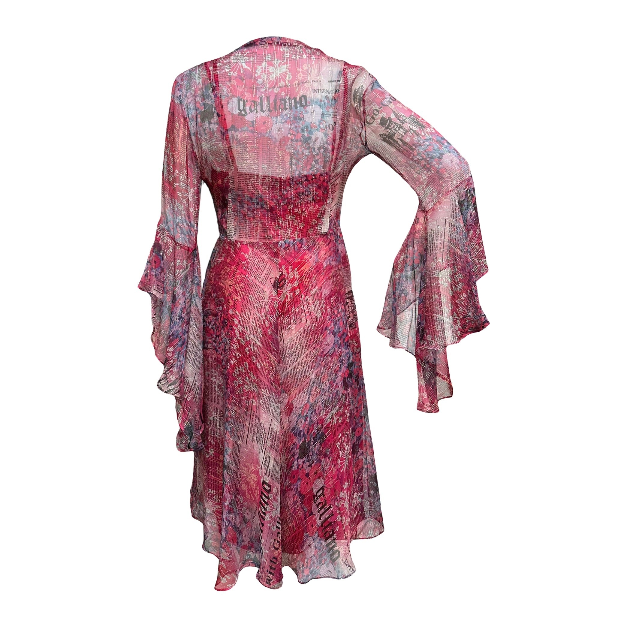 JOHN GALLIANO Floral Newspaper Print Sheer Midi Dress - 2