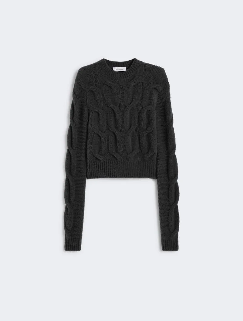 Fluffy cable-knit sweater - BLACK - 1
