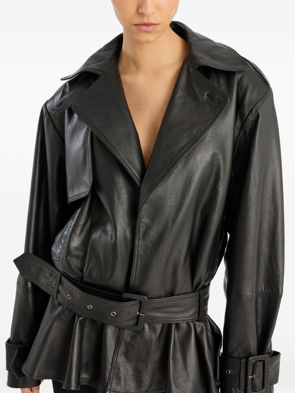 belted ruffle leather jacket - 4