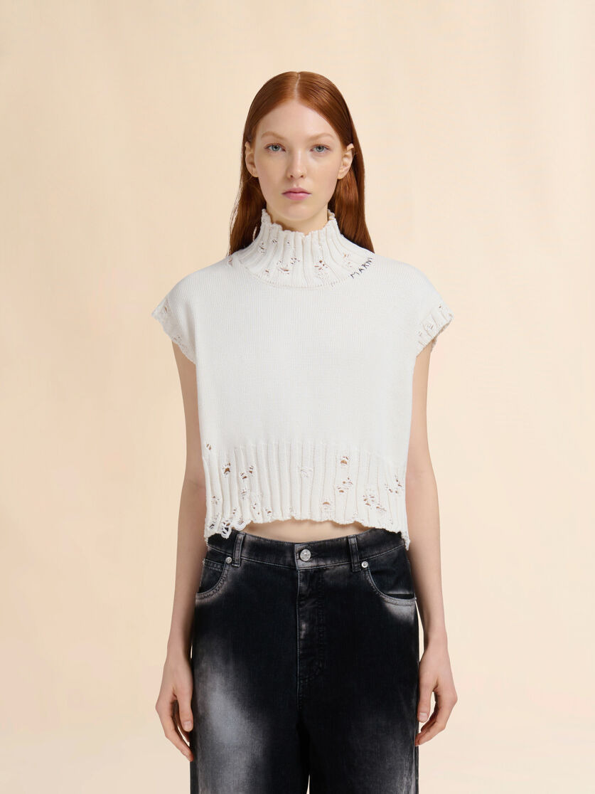 WHITE COTTON CROPPED VEST - 2