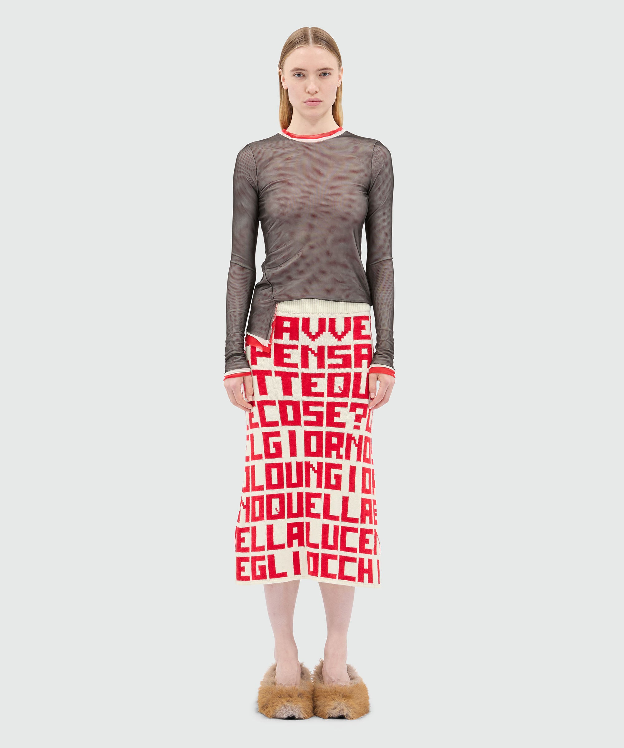 Cream jacquard knit skirt with red lettering by Caterina Frongia x MSGM - 2