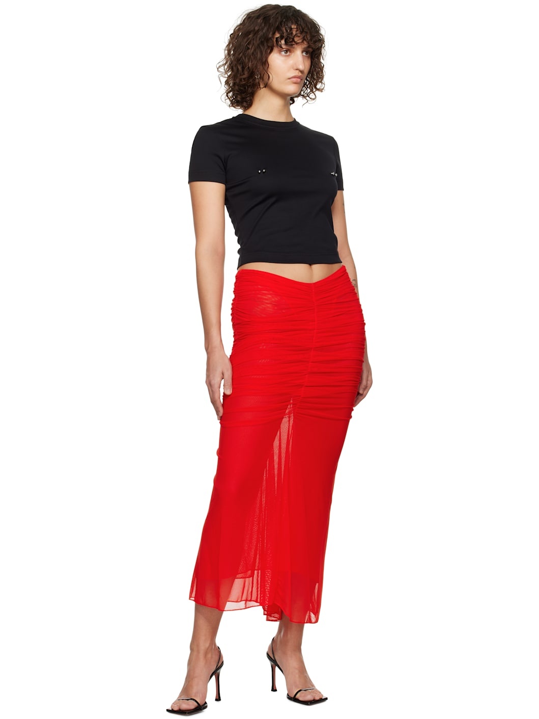 Red Ruched Mesh Midi Skirt - 4