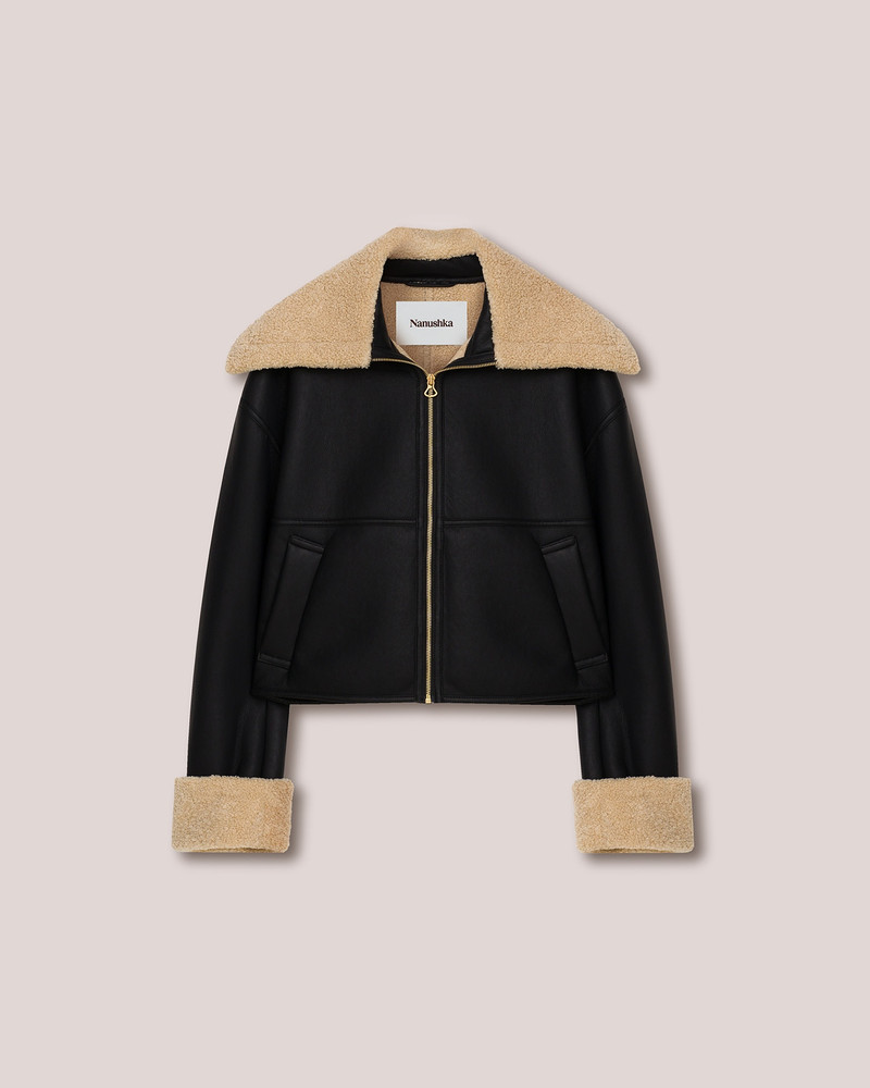 NAEL - Bonded shearling contrast collar aviator jacket - Black&Beige 1