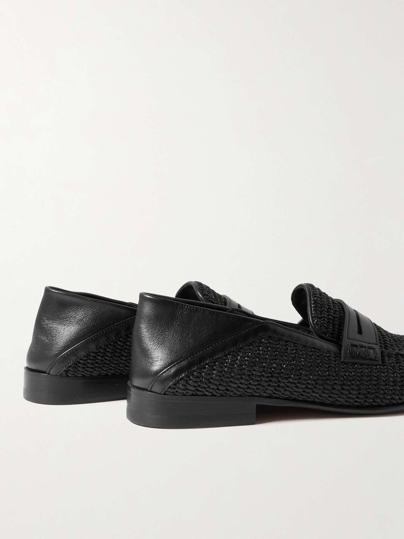 Manolo Blahnik Padstow Collapsible-Heel Leather-Trimmed Raffia Loafers outlook