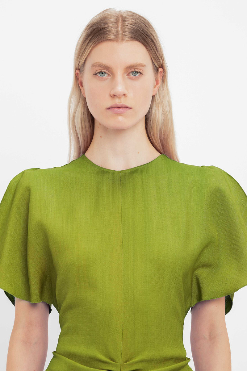 Victoria Beckham Gathered Waist Midi Dress In Parrot Green - 1223WDR004614B- Parrot-Green-4 | REVERSIBLE