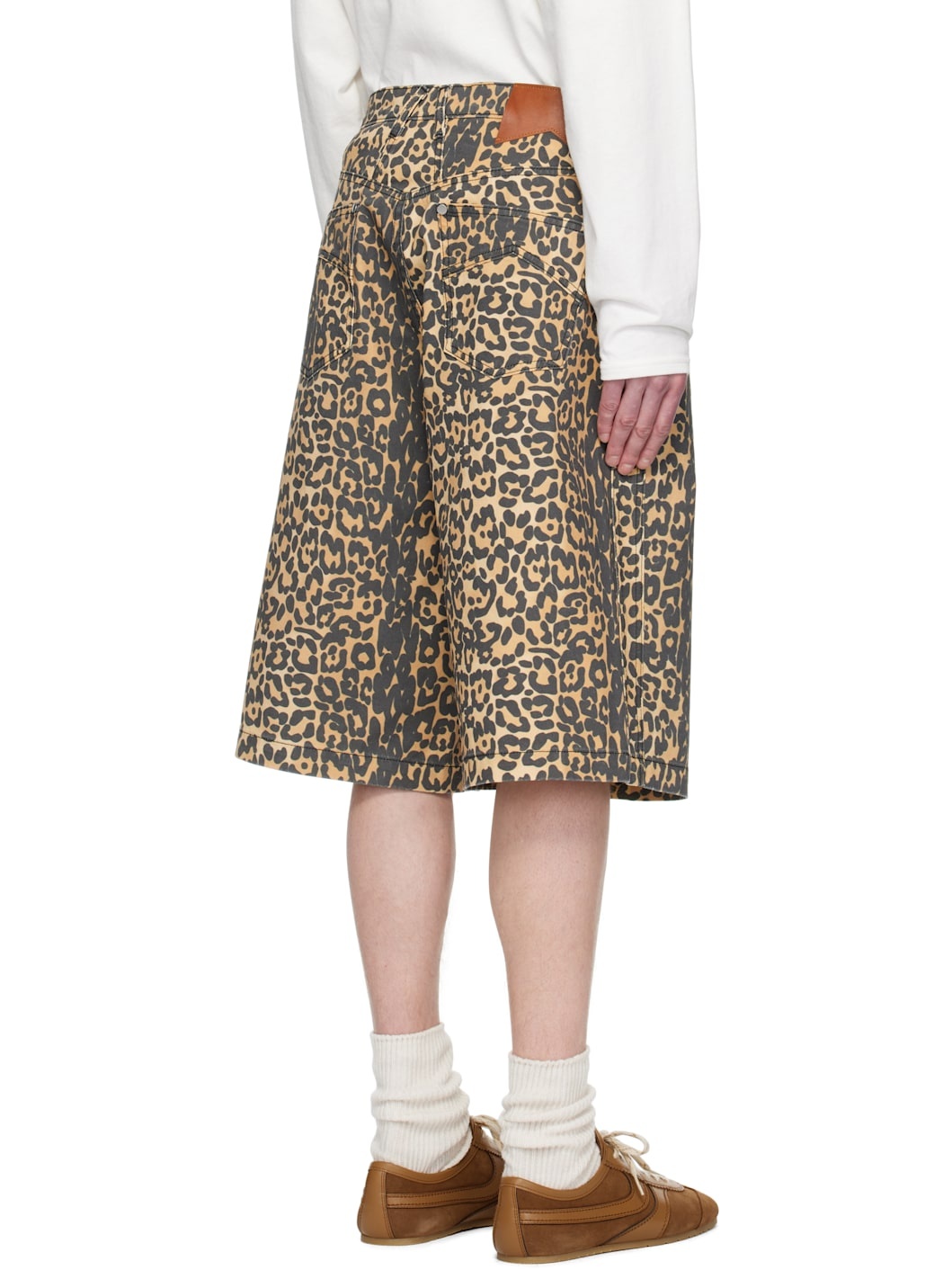 Beige Leopard Traxedo Baggy Denim Shorts - 3