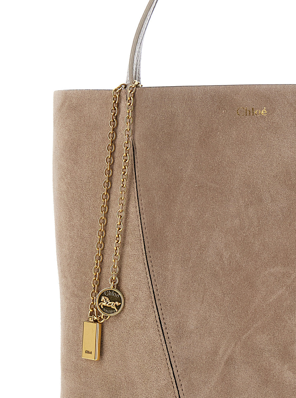 Chloé Women 'Spin' Grey Shoulder Bag With Chain-Link Detail With Logo Charm In Suede Woman - 5