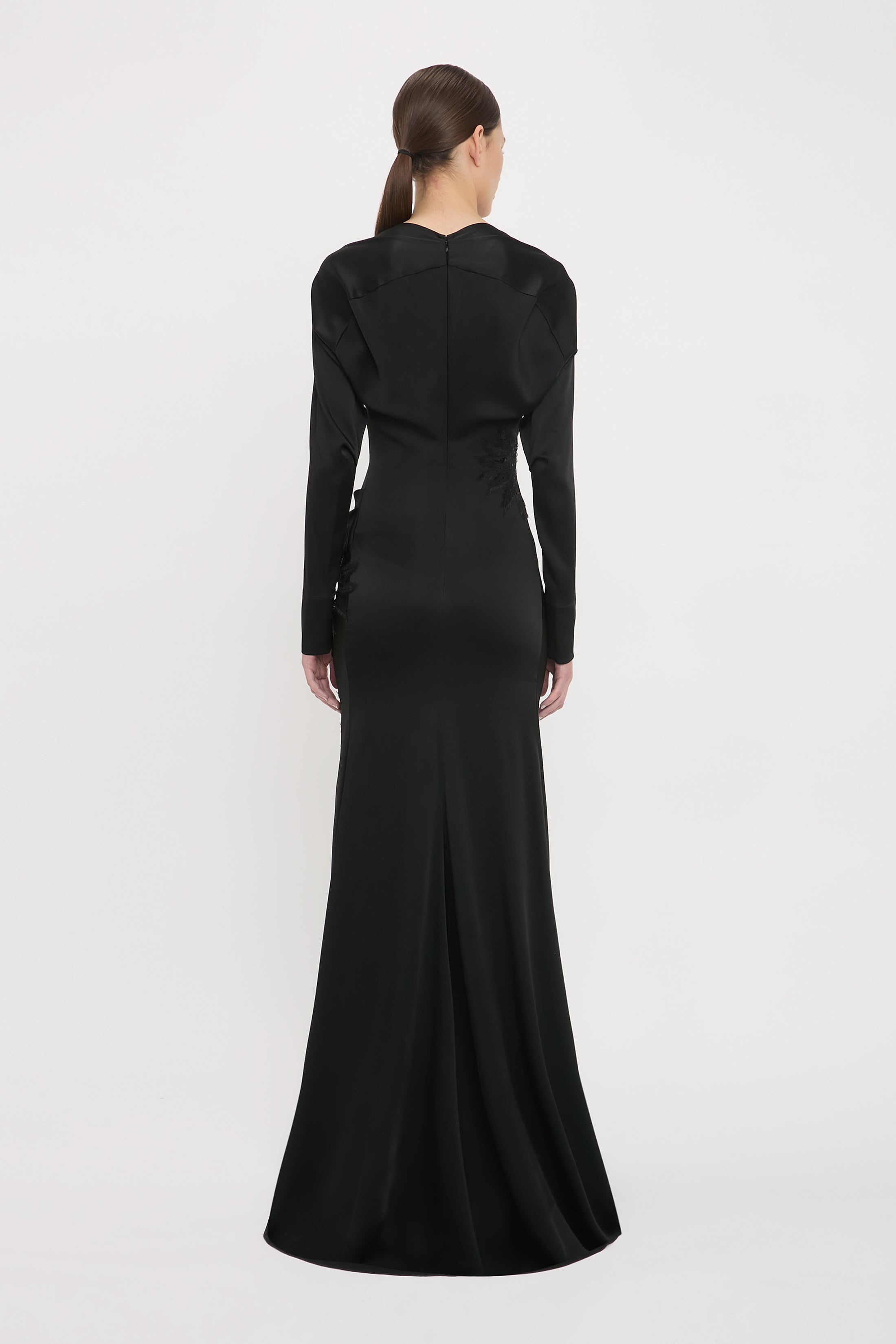 Long Sleeve Lace Applique Floor-Length Gown In Black - 5