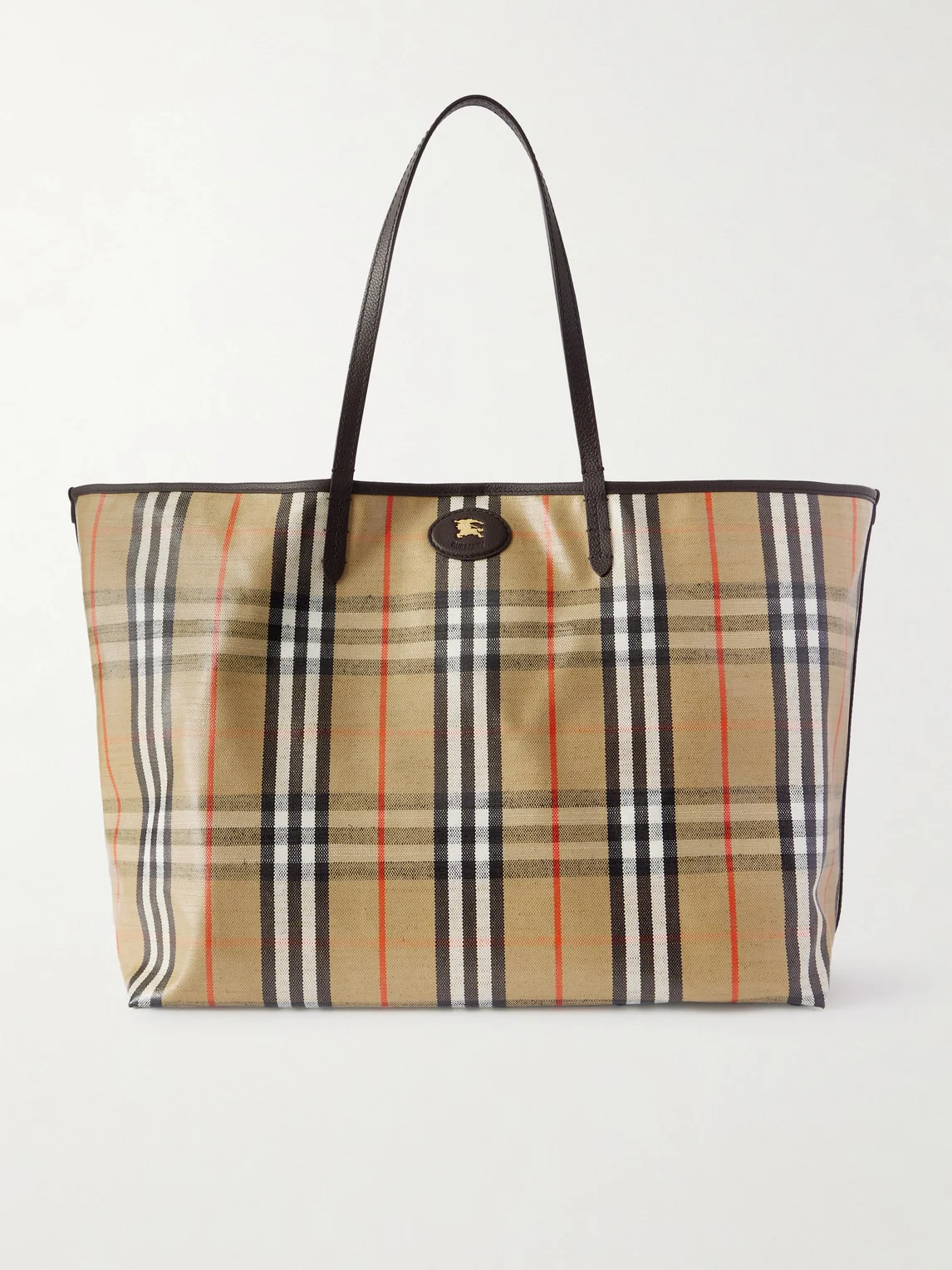Full-Grain Leather-Trimmed Checked Coated-Canvas Tote Bag - 1