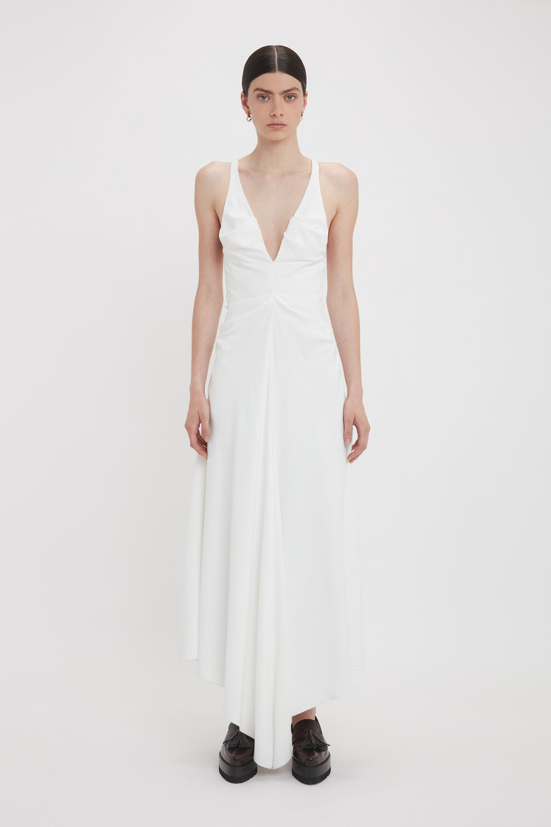 Victoria Beckham Gathered Racer Back Dress In White outlook