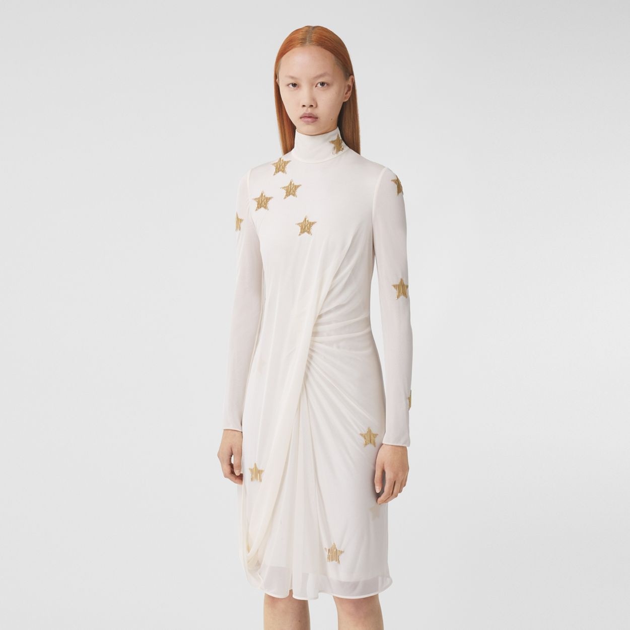 Long-sleeve Star Motif Gathered Silk Viscose Dress - 5