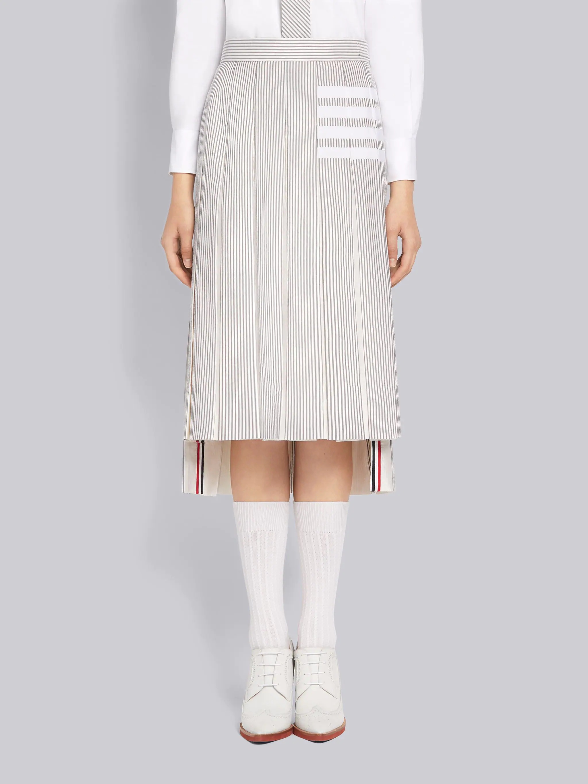 Medium Grey Cotton Seersucker Grosgrain 4-Bar Intarsia Stripe Below Knee Pleated Skirt - 1