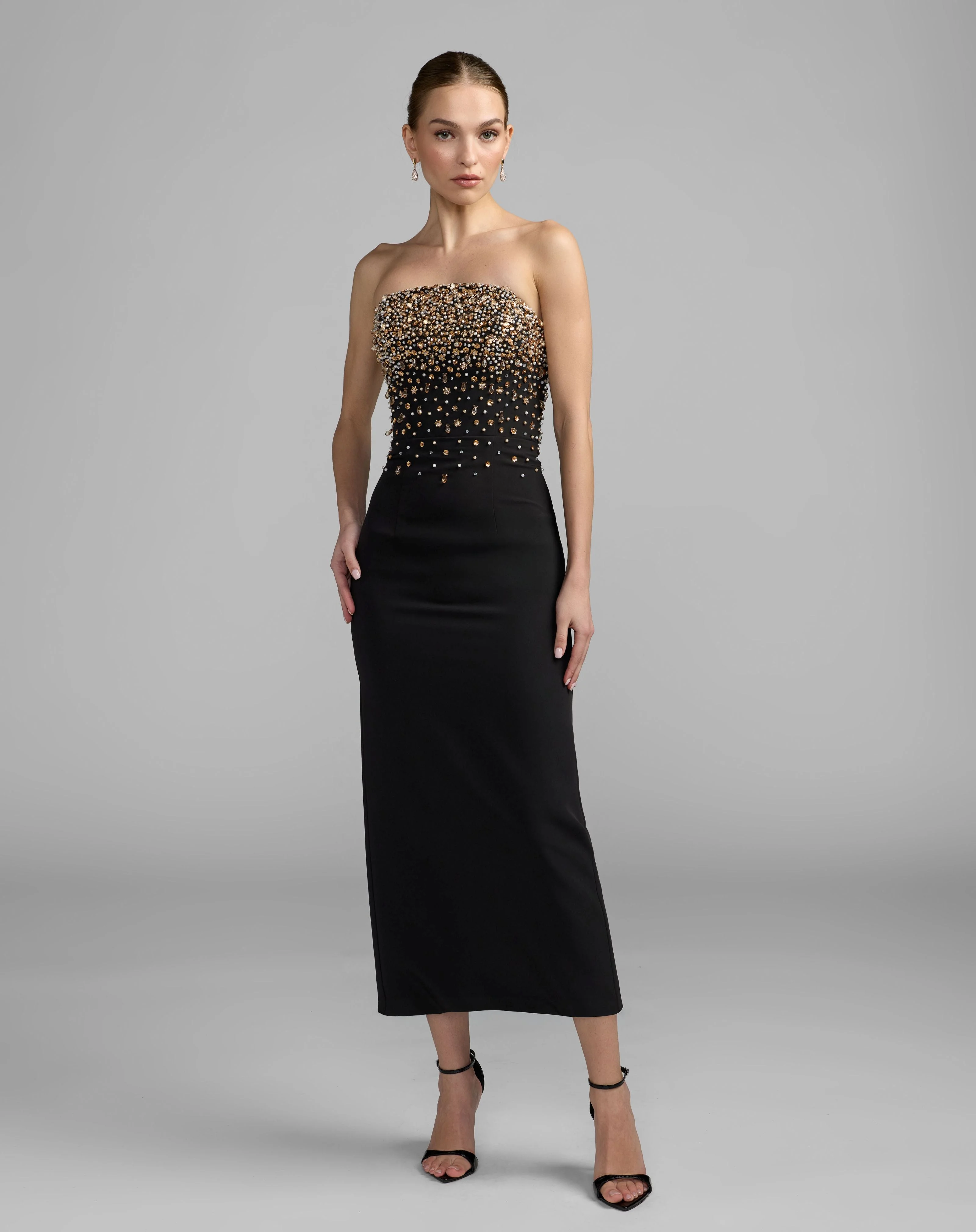 Black Beaded Strapless Crepe Midi Dress - 1
