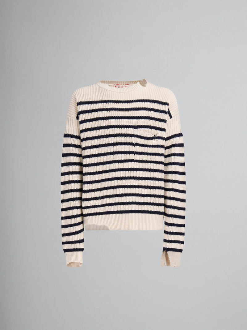 WHITE WOOL AND COTTON STRIPED FISHERMAN JUMPER 1