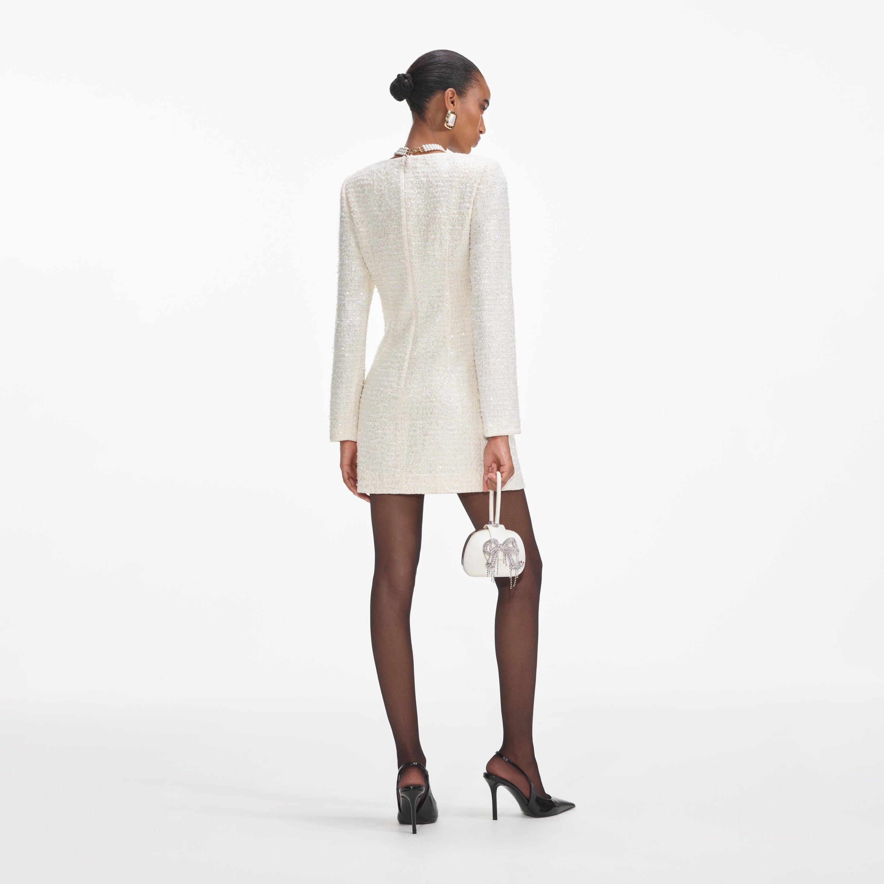 self-portrait Cream Boucle Diamante Bow Mini Dress | REVERSIBLE