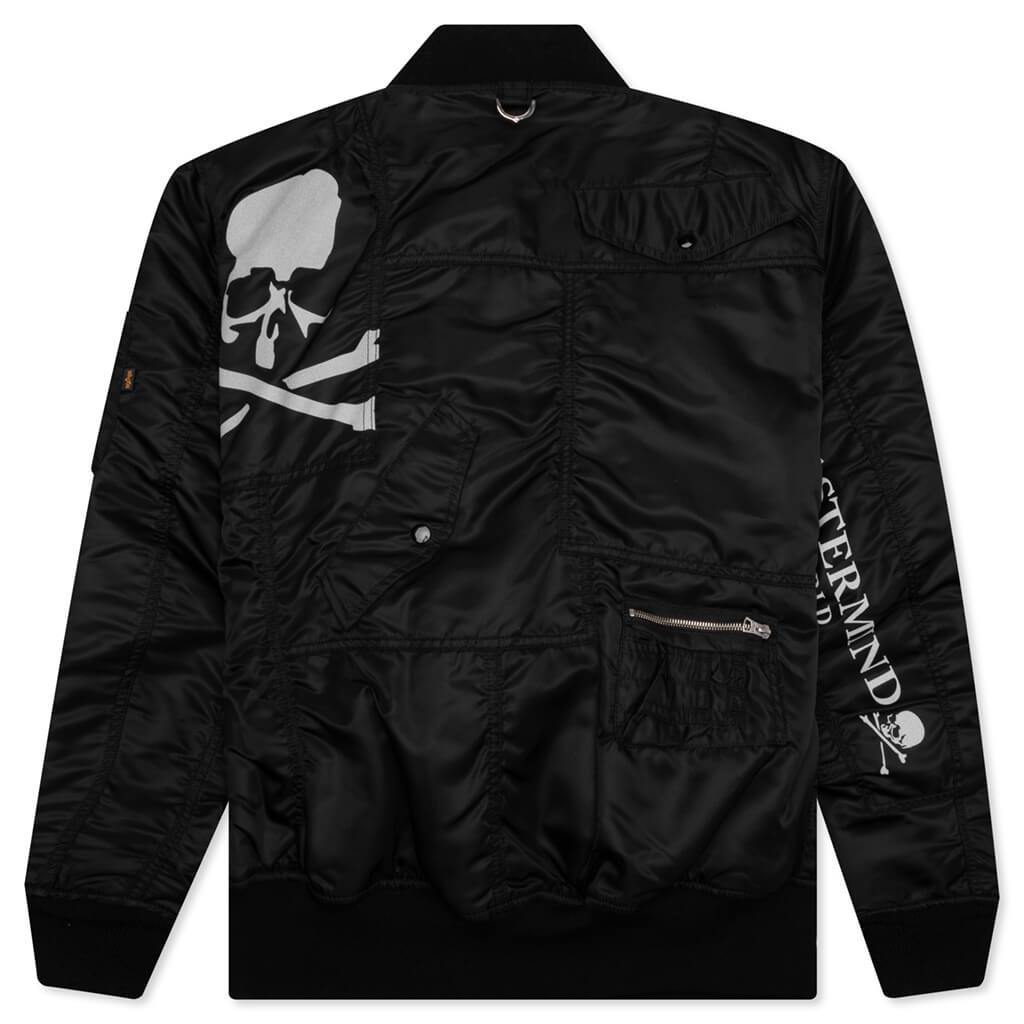 MASTERMIND WORLD X ALPHA INDUSTRIES PATCHWORK MA-1 BOMBER JACKET - BLACK