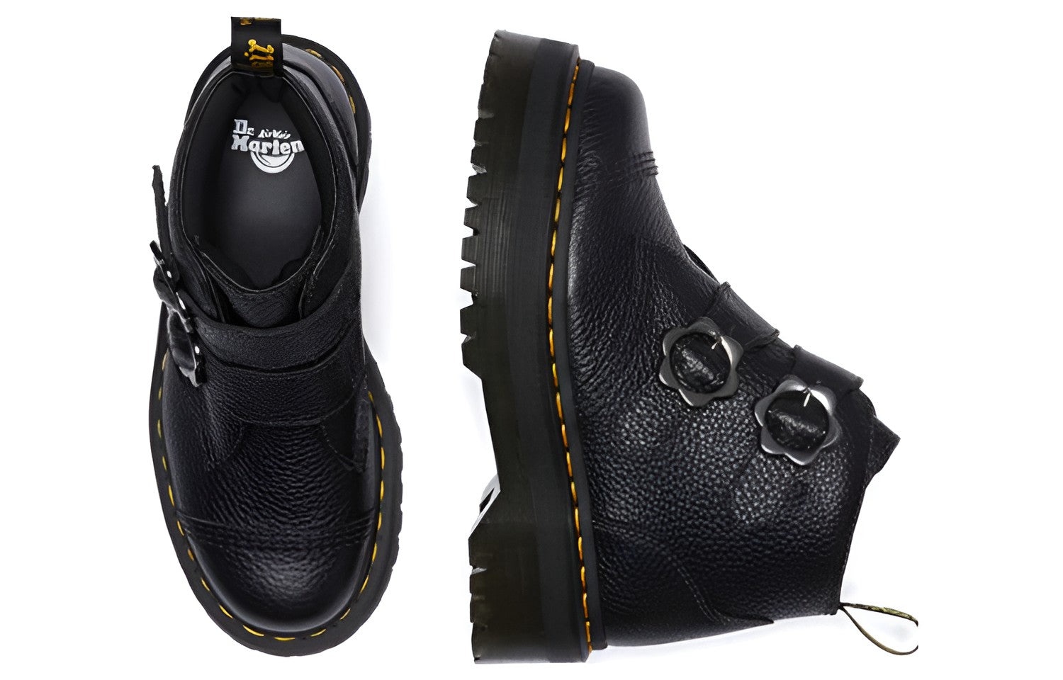 (WMNS) Dr. Martens Devon Flower Buckle Leather Platform Boots 'Black' 27642001 - 4