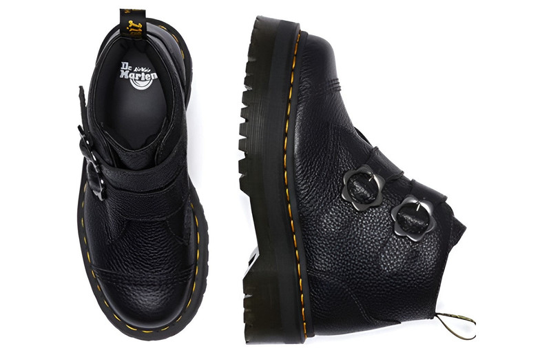 Dr. Martens (WMNS) Dr. Martens Devon Flower Buckle Leather Platform Boots 'Black' 27642001 outlook