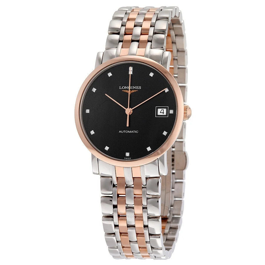 Longines Elegant Automatic Black Diamond Dial Steel and 18kt Rose Gold Ladies Watch L48095577 - 1