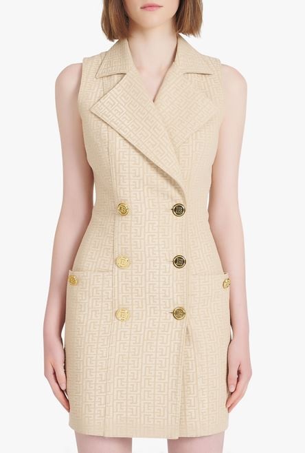 Short nude and white Balmain monogram jacquard dress with gold-tone double-buttoned fastening - 5