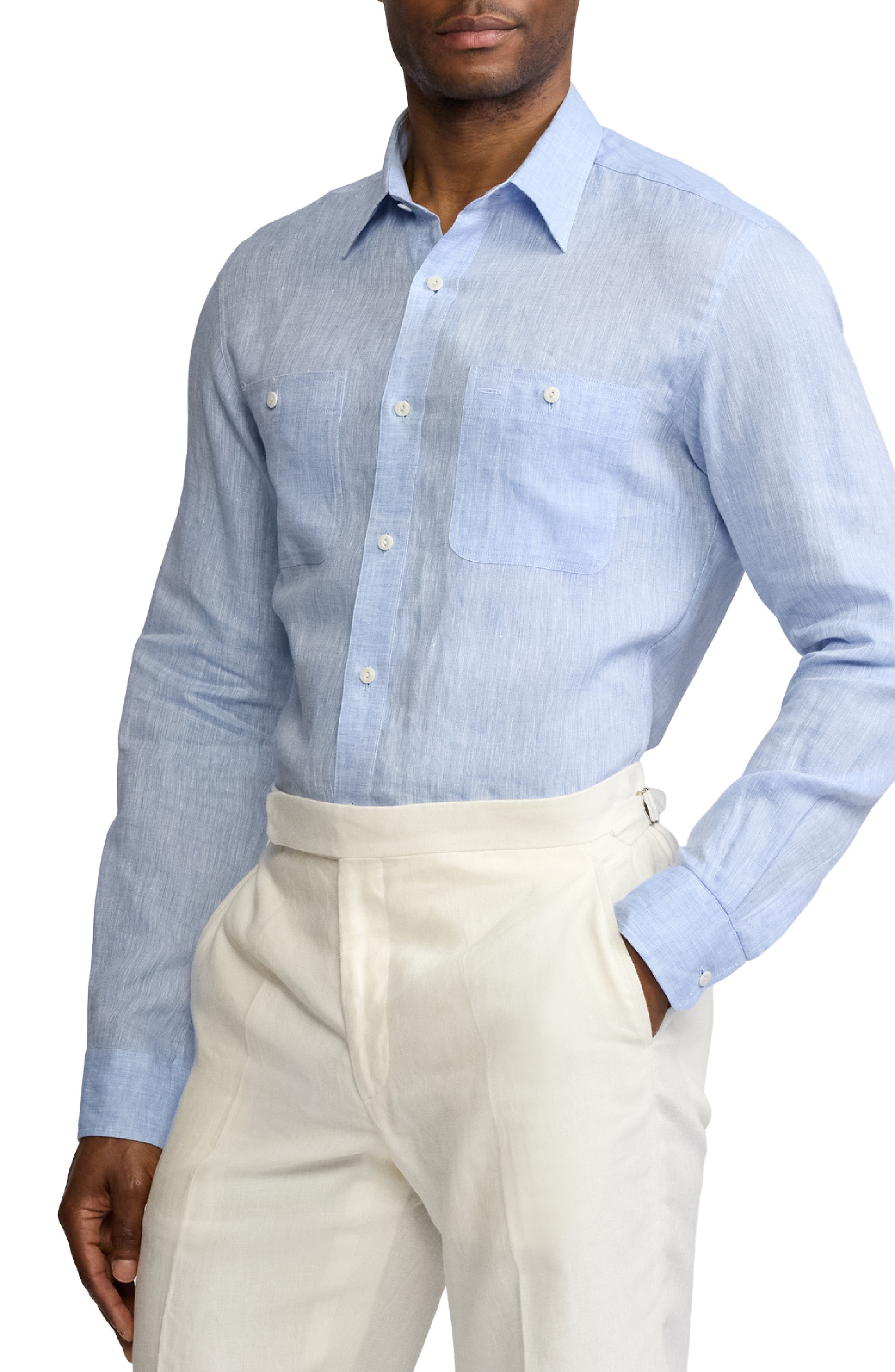 Ralph Lauren Purple Label Linen Chambray Button-Up Shirt in Light Blue at Nordstrom - 3