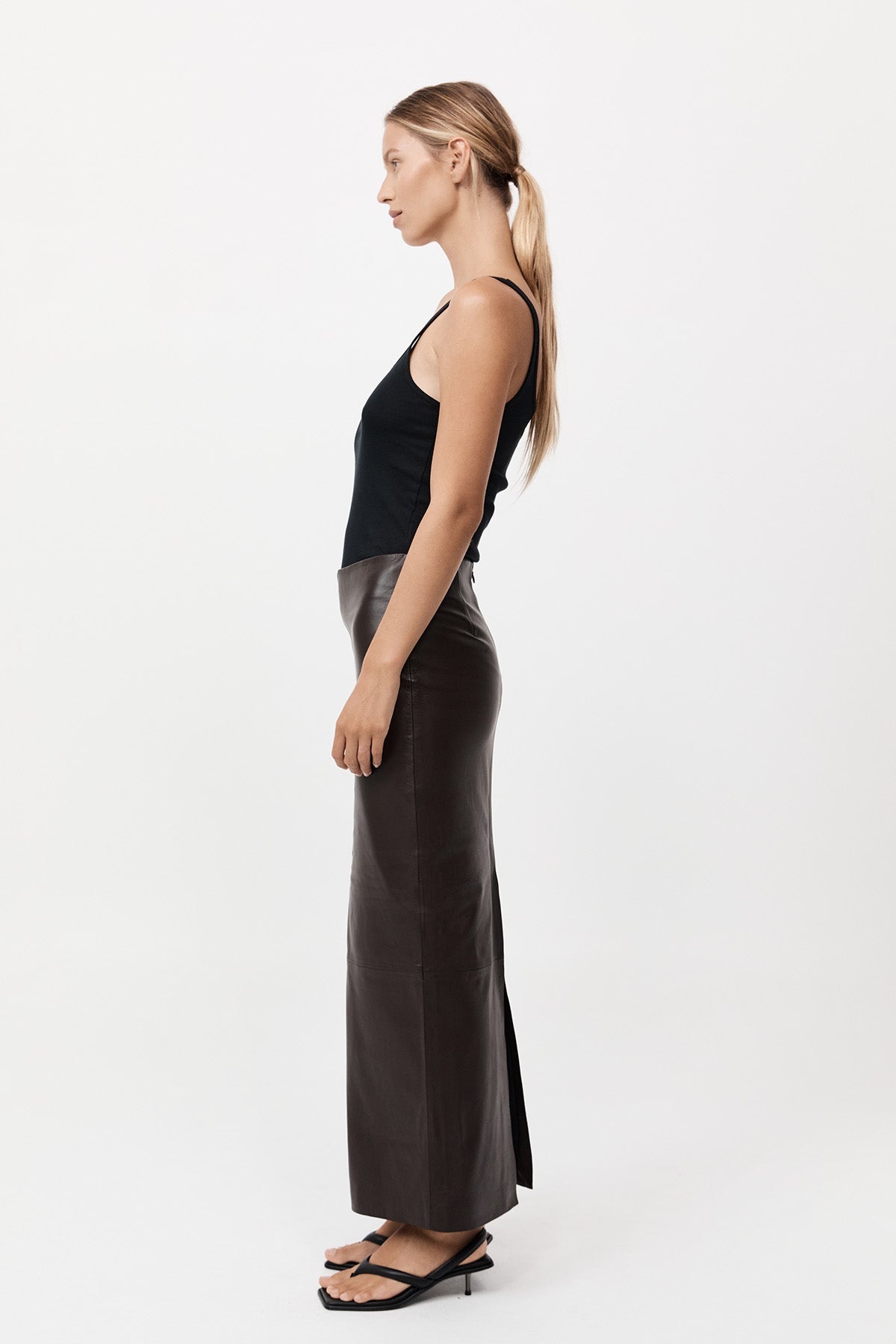 Leather Column Skirt - Chocolate - 5