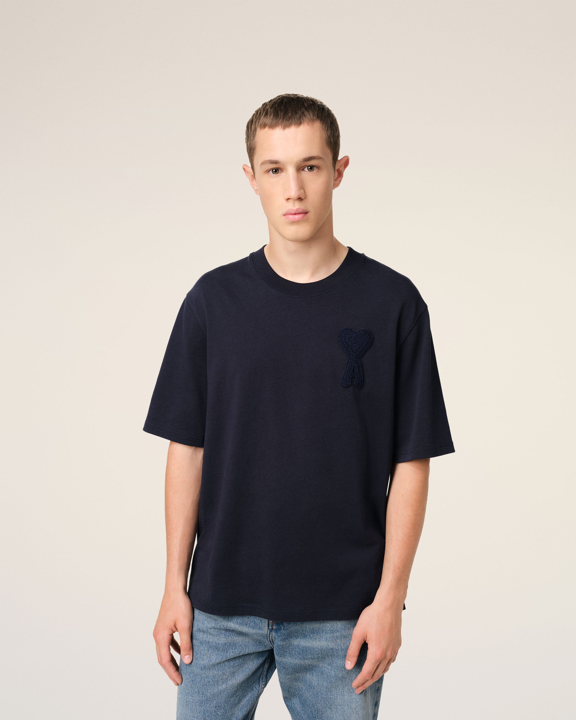 AMI Paris NAVY COTTON AMI DE COEUR PATCH T-SHIRT | REVERSIBLE
