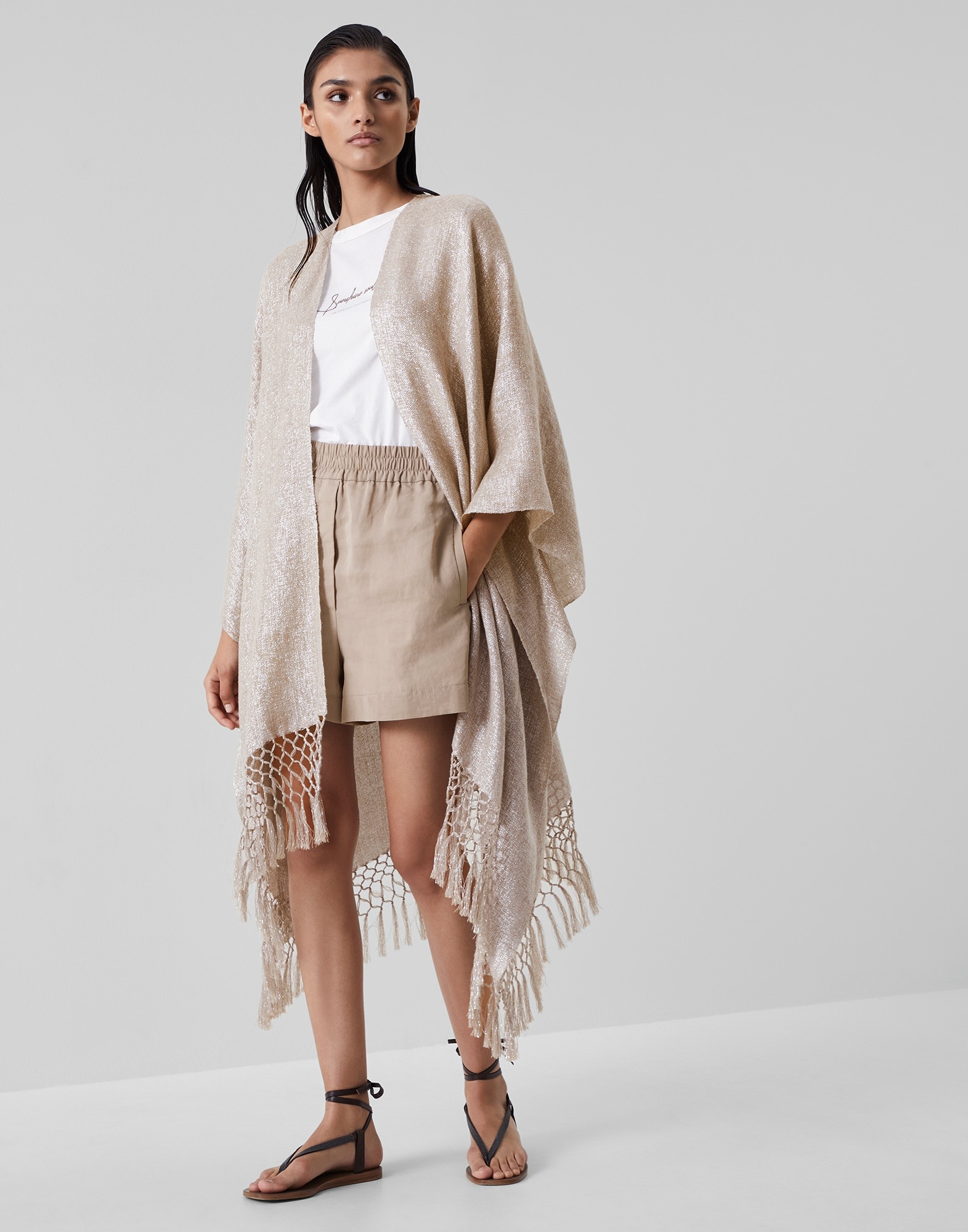 Sparkling linen poncho with macramé fringe - 1