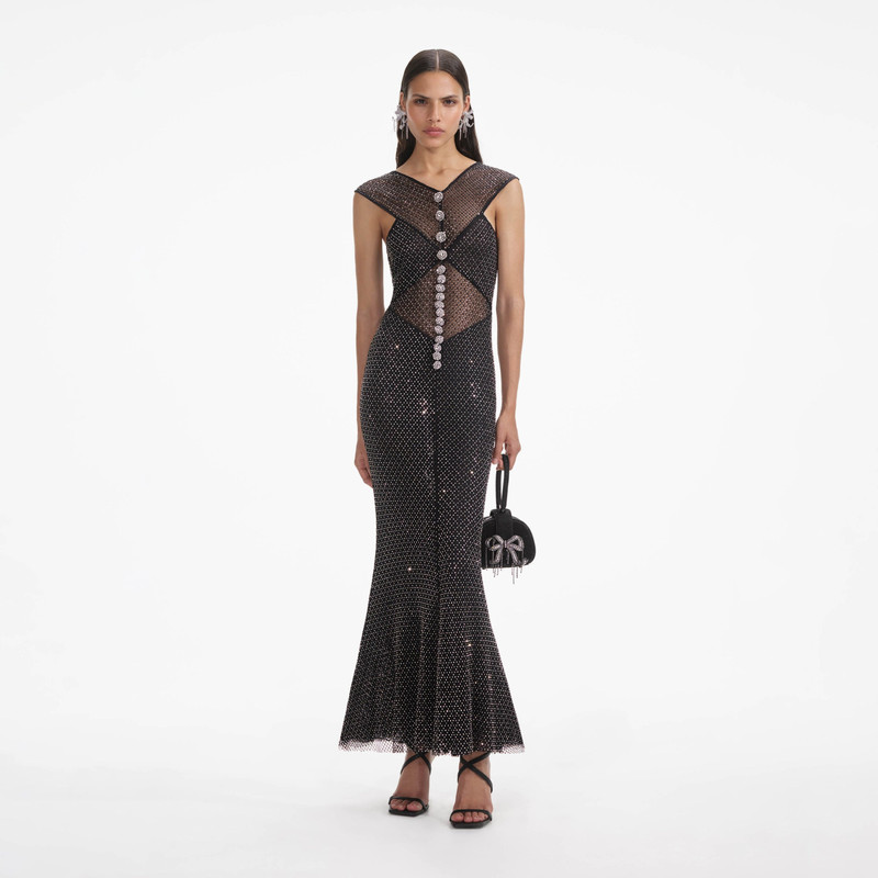 self-portrait Black Rhinestone Fishnet Crossover Midi Dress - SC24-002M-B |  REVERSIBLE
