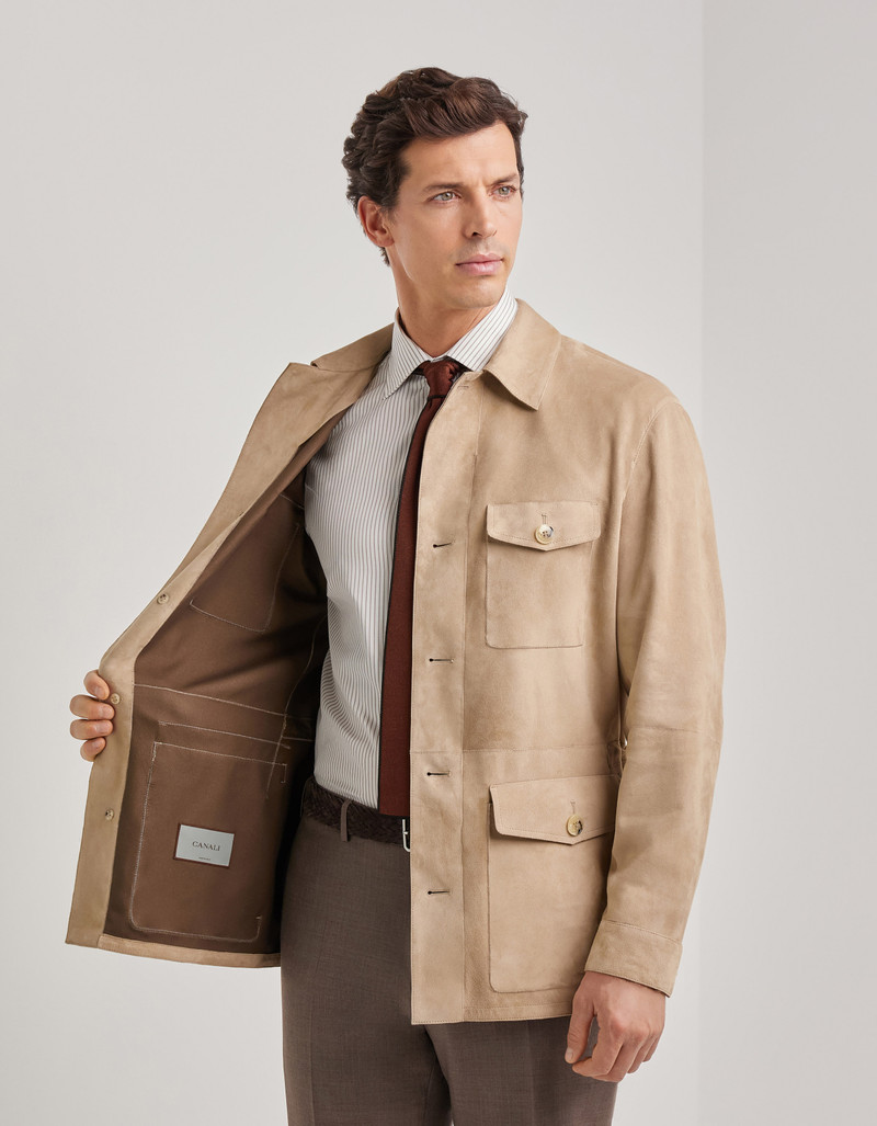 CARAMEL MIXED-MATERIAL ULTRALIGHT SUEDE BOMBER JACKET WITH KNIT INSERTS 131