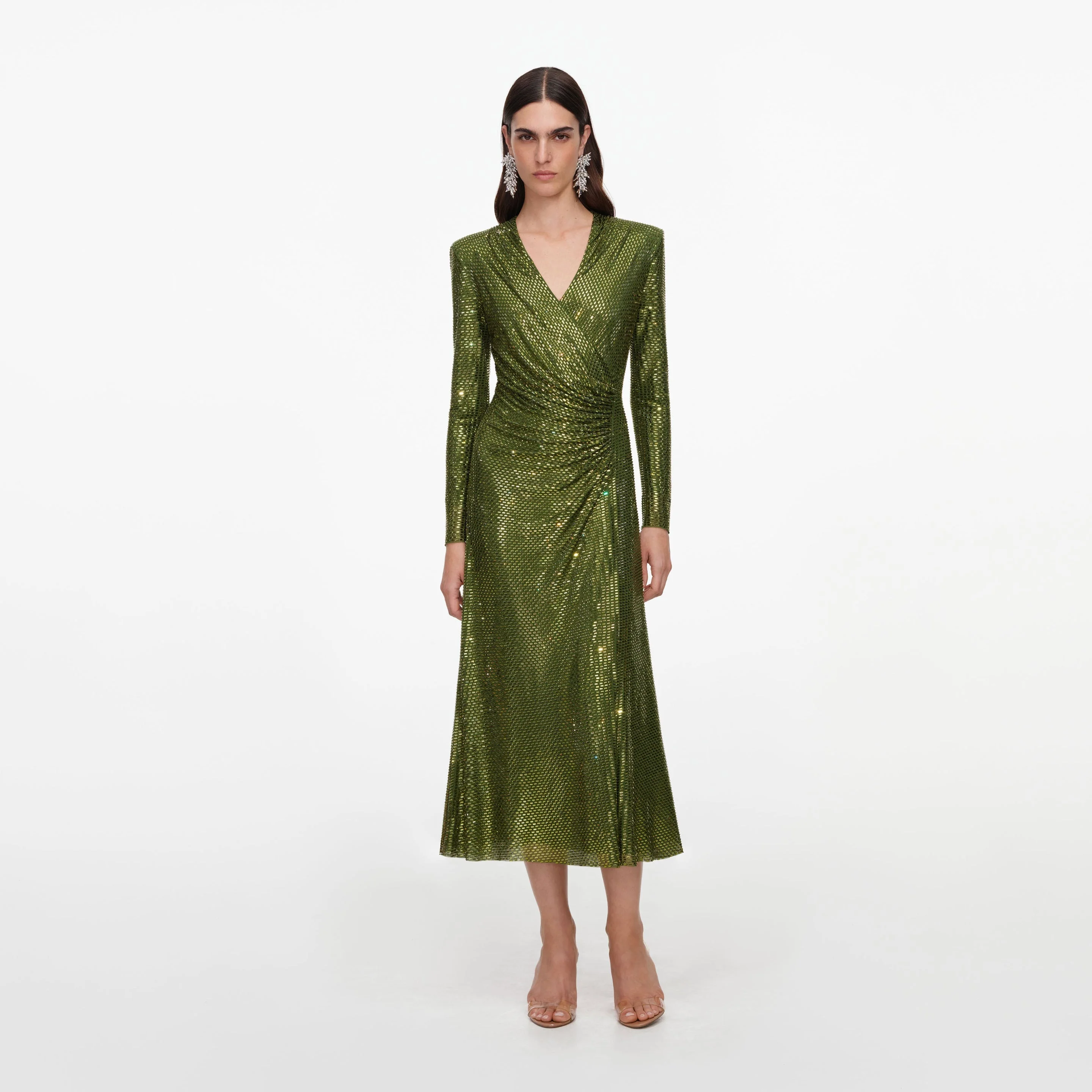 Olive Rhinestone Mesh Wrap Midi Dress - 1